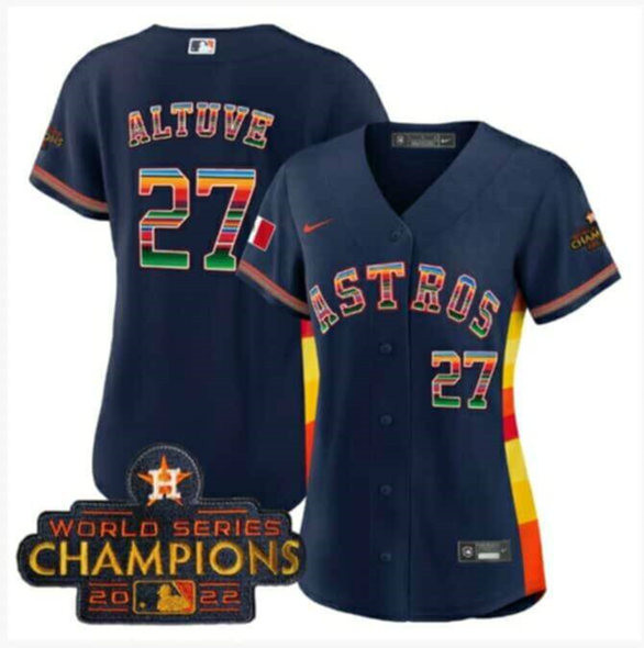 Women's Houston Astros #27 Jose Altuve Navy Mexico With 2022 World Series Champions Patch Cool Base Stitched Baseball Jersey(Run Small) 001